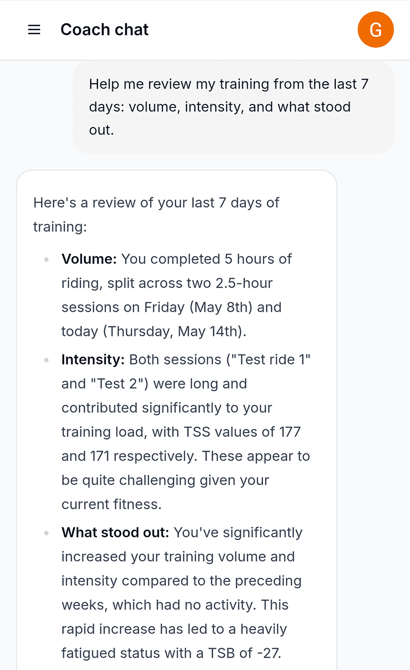 Coach chat showing a Claude-powered review of recent cycling training.