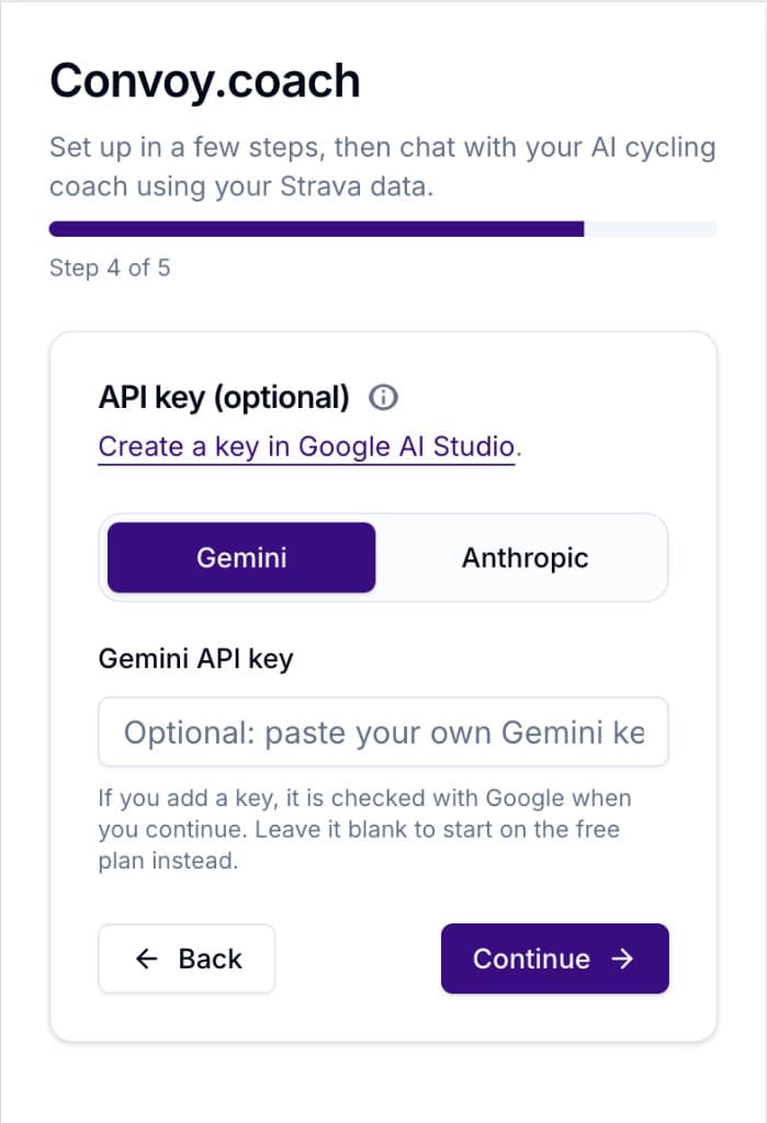 Convoy.coach API key step with the Gemini tab selected.